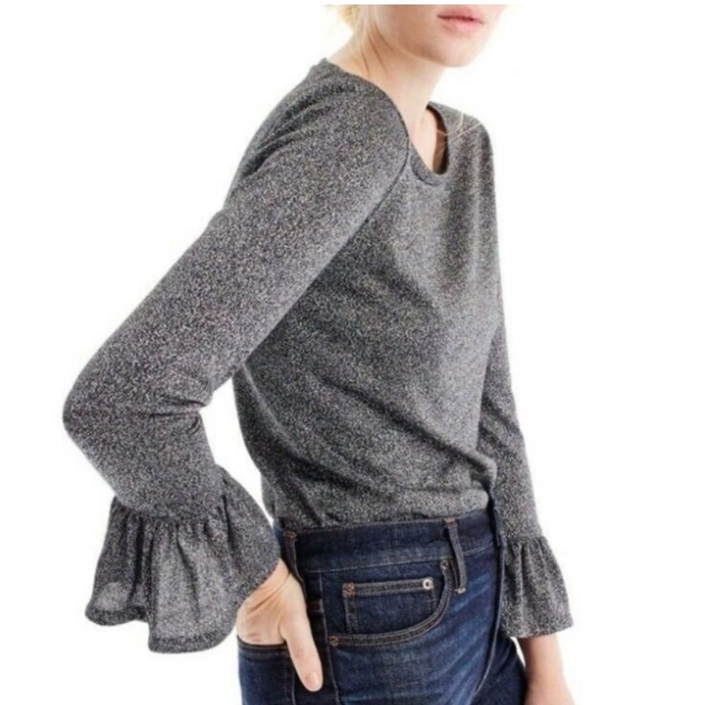 J. Crew NWT Women's Silver Sparkle Bell Sleeve Top Metallic Knit Shirt- Size XS